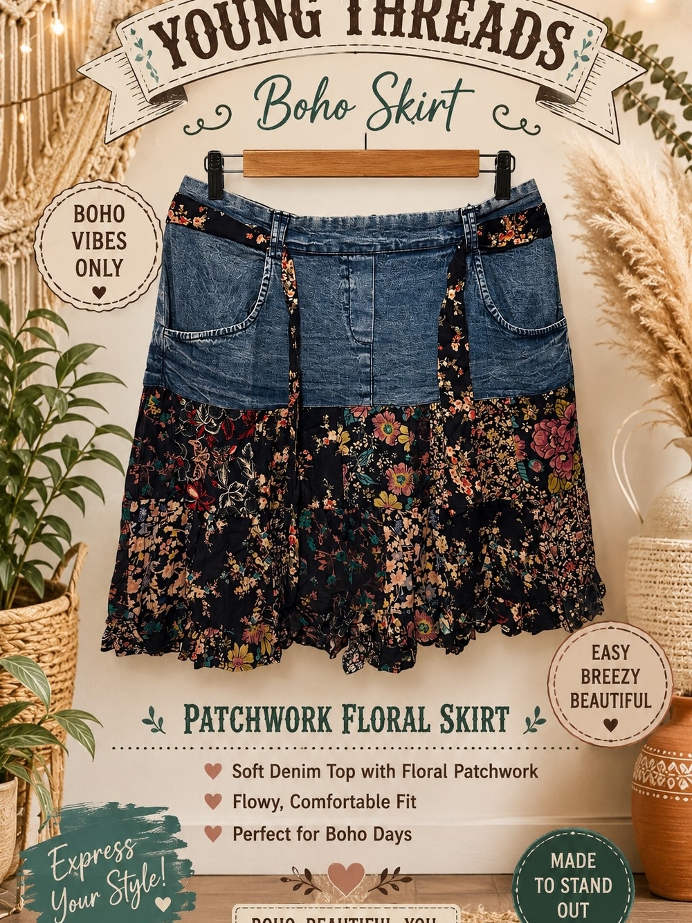187 Young Threads Boho Midi Skirt in Navy Floral Patchwork